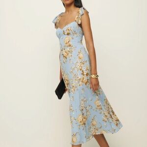 Reformation Blue and Gold Floral Midi Dress